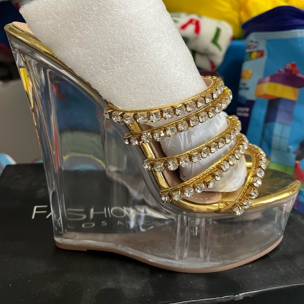 Fashion Nova Gold and Clear Heels